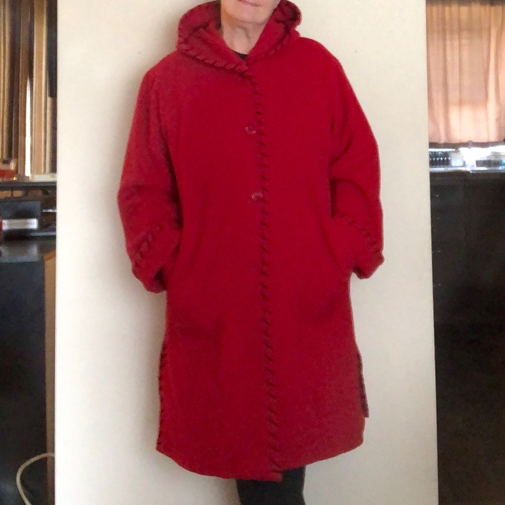 Women’s 100% Wool Coat with hood and fun trim
